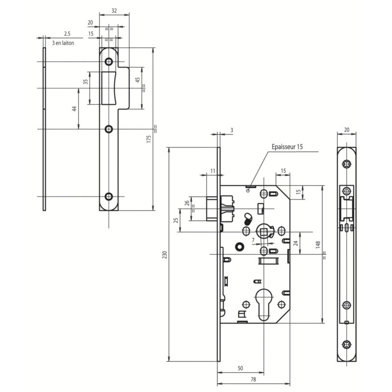 Serrure à encastrer monopoint axe 50 bec de cane D452 bouts ronds NFQC3 - VACHETTE ASSA ABLOY