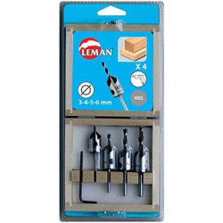 Coffret 4 fraisoirs HSS + mèches à bois HSS hélicoïdales - LEMAN