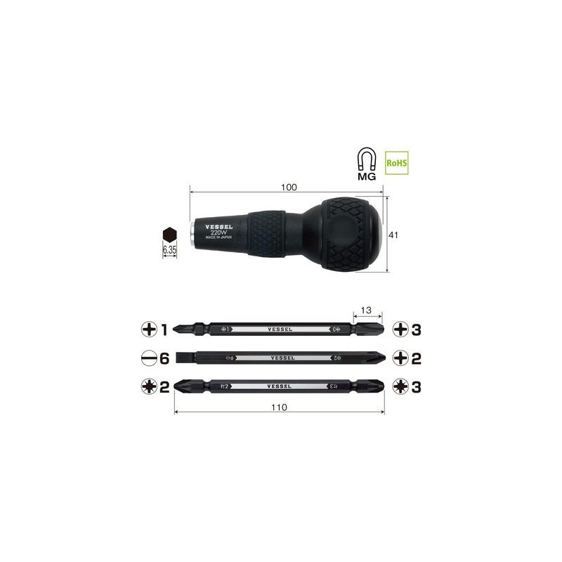 Kit tournevis Ball Grip + 3 lames doubles - VESSEL