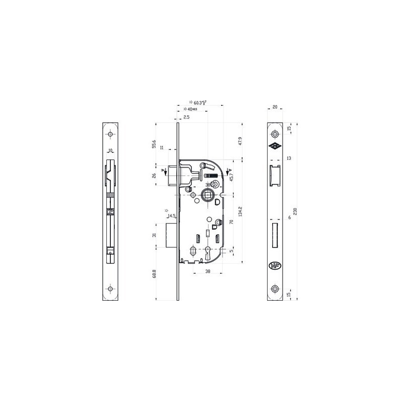 Serrure à encastrer monopoint axe 40 pêne dormant demi-tour clé à chiffre NF240 bouts carrés - JPM