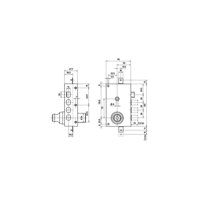 Serrure applique 3 points verticale à fouillot double pompe A2P 30.448 - MOTTURA