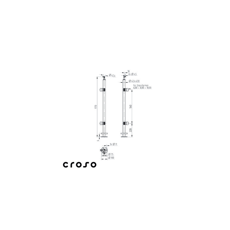 Poteau de milieu 4 pinces à verre inox 304 - CROSO