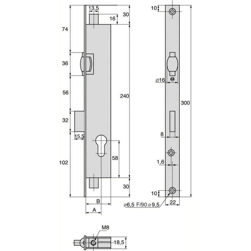 Serrure à encastrer 3 points à rouleau clé i série 2274 têtière plate 22 mm - STREMLER