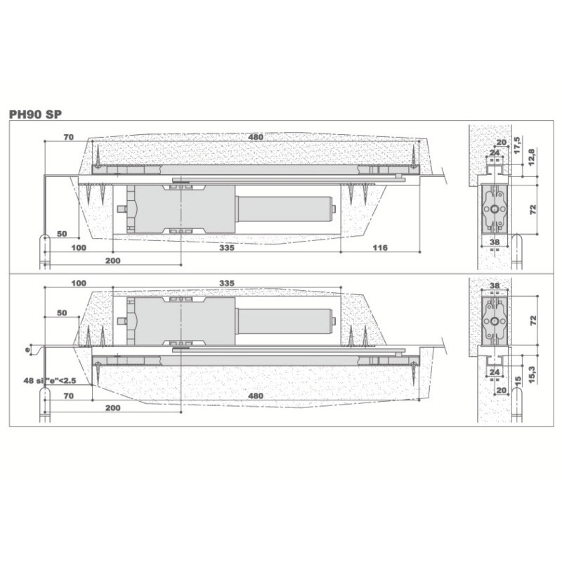Ferme-porte encastré PH90SP bras coulisse force 3 à 4 - ISEO