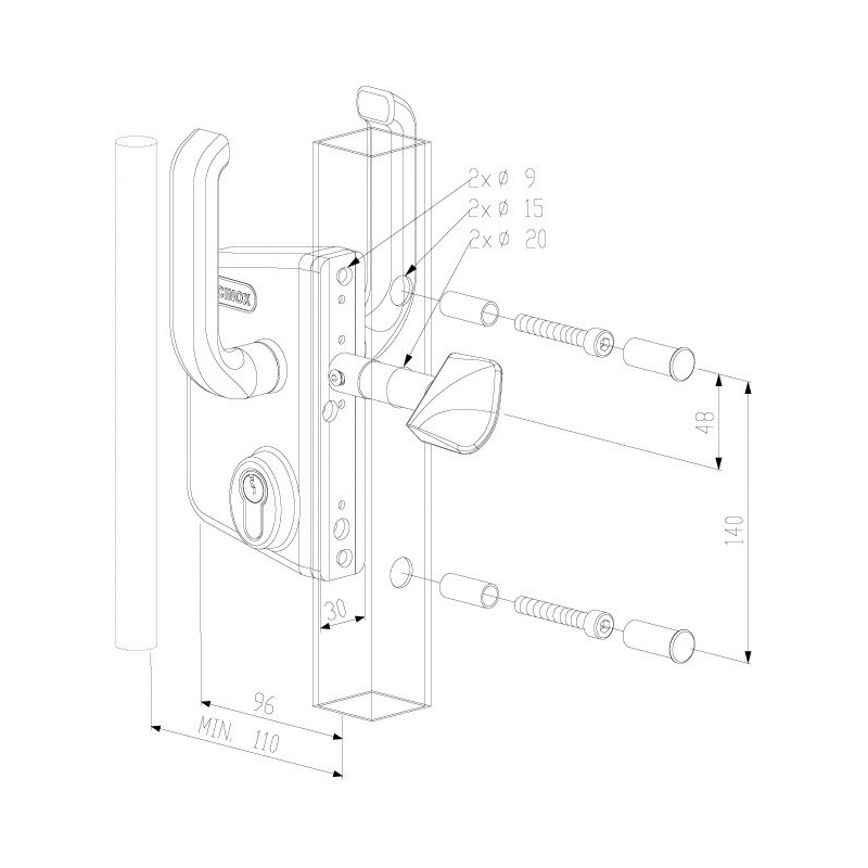 Serrure applique monopoint verticale à fouillot profil européen portail coulissant LSKZ 40 - LOCINOX