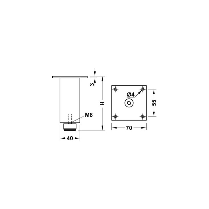 Pied de meuble aluminium carré réglable - HAFELE