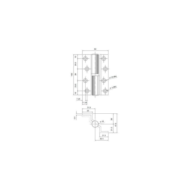 Paumelle aluminium coudée à bouts carrés 64x100 mm argent - ARLU