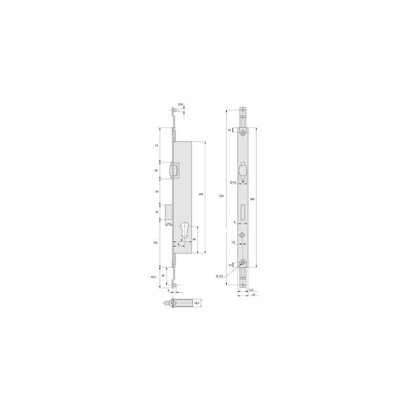 Serrure à encastrer 3 points à rouleau clé i série 2274 têtière plate 24 mm - STREMLER