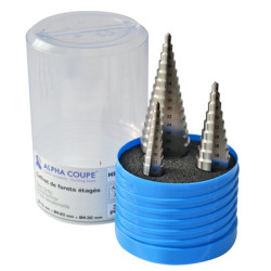 Coffret 3 forets étagés conique à queue cylindrique tôle - ALPHA COUPE