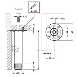 Jeu de 4 pieds de meuble acier platine soudée - CAMAR