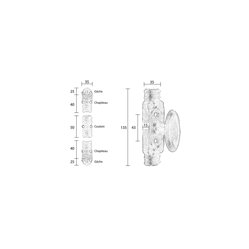 Fausse crémone rustique décorative bouton N°5 - FONDERIE ROLLINGER
